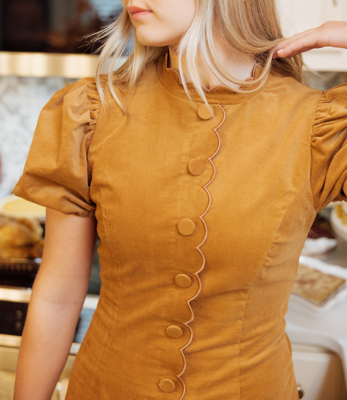 Camel Scalloped Mini Dress